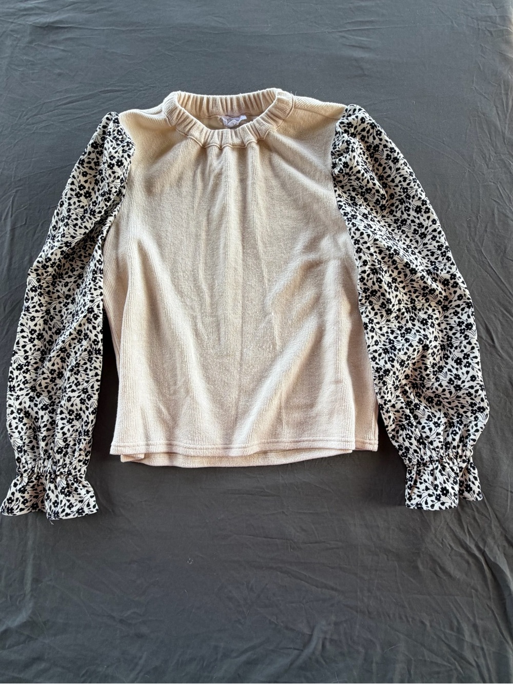 THML Cream Knit Top with Black Floral Puff Sleeves